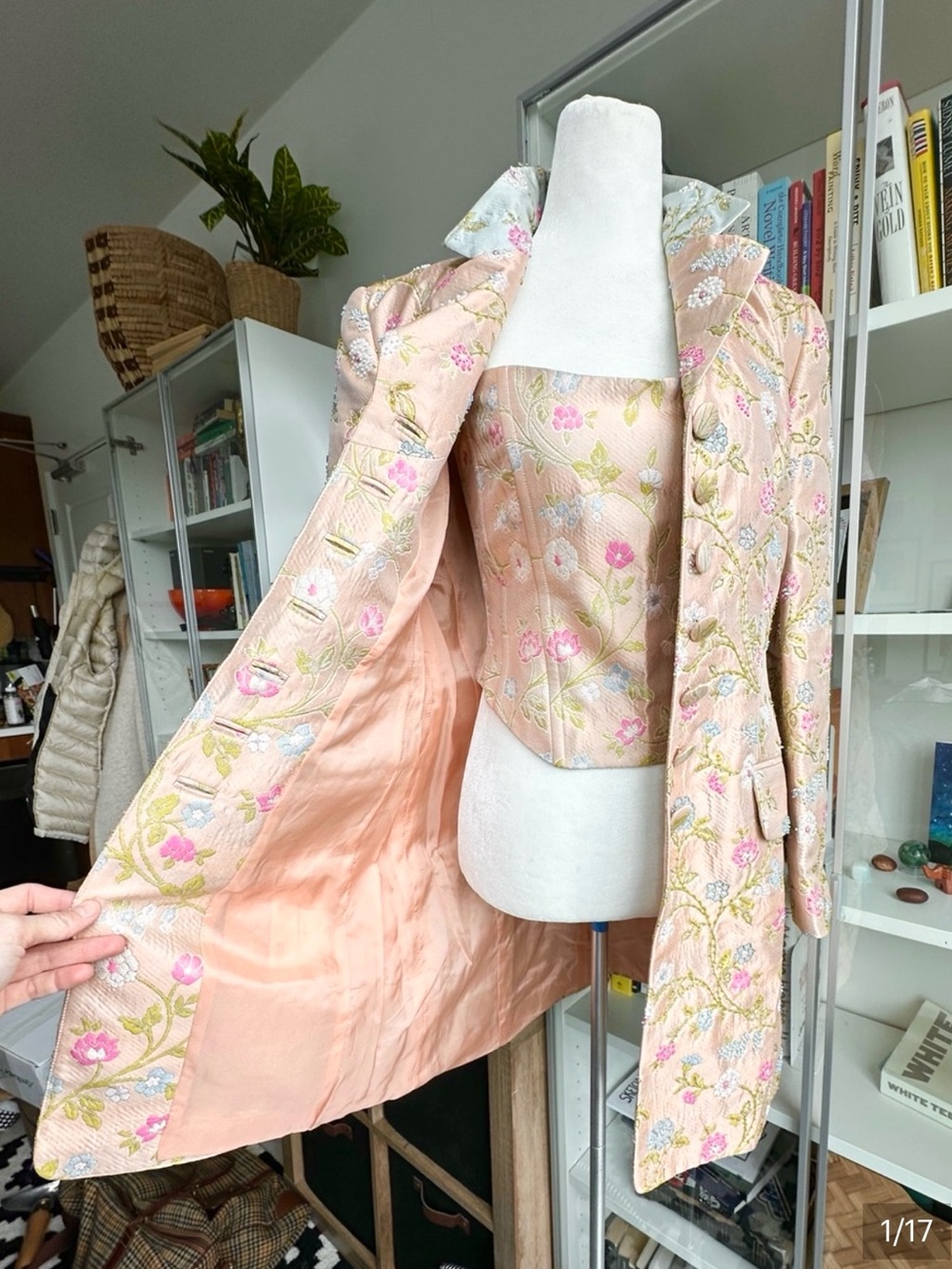 Rena Lange pink beaded floral bustier jacket set 38
